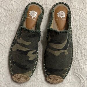 Yellow Box Camo Slip-On Mules in Green and Brown